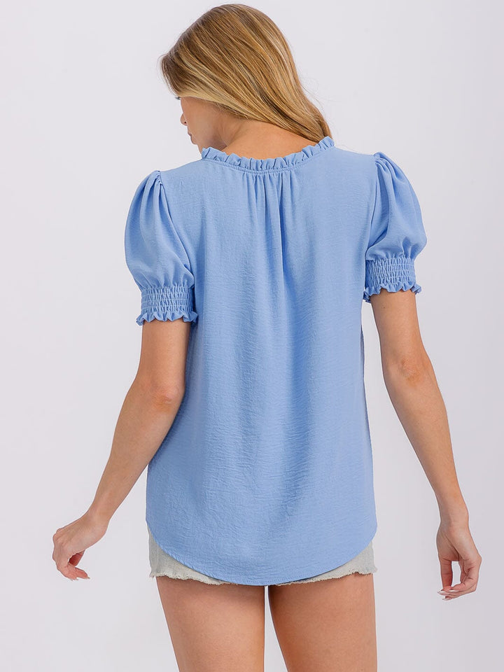 WOMEN'S SHORT PUFF SLEEVE V-NECK BLOUSE