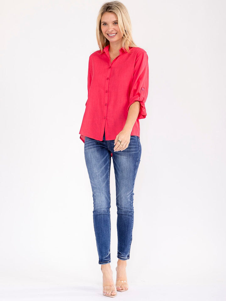 WOMEN'S 3/4 SLEEVE BUTTON UP LINEN SOLID BLOUSE