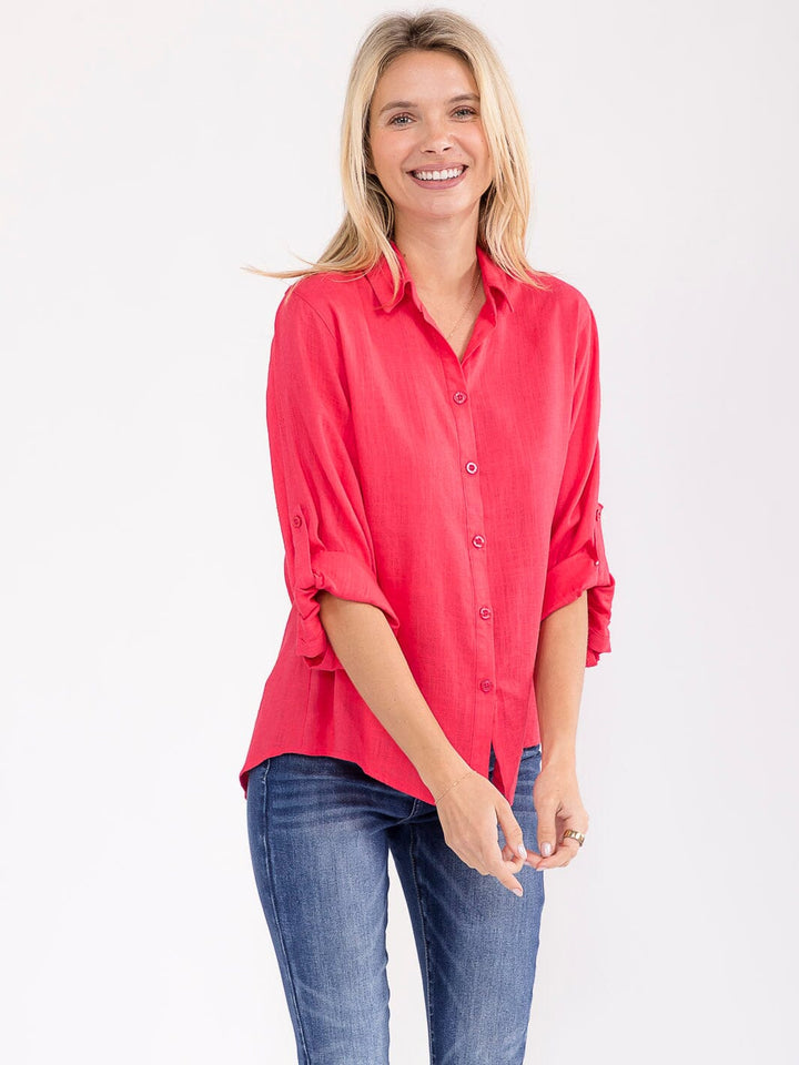 WOMEN'S 3/4 SLEEVE BUTTON UP LINEN SOLID BLOUSE