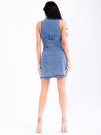 WOMEN'S SLEEVELESS BUTTON UP V-NECK DENIM MINI DRESS
