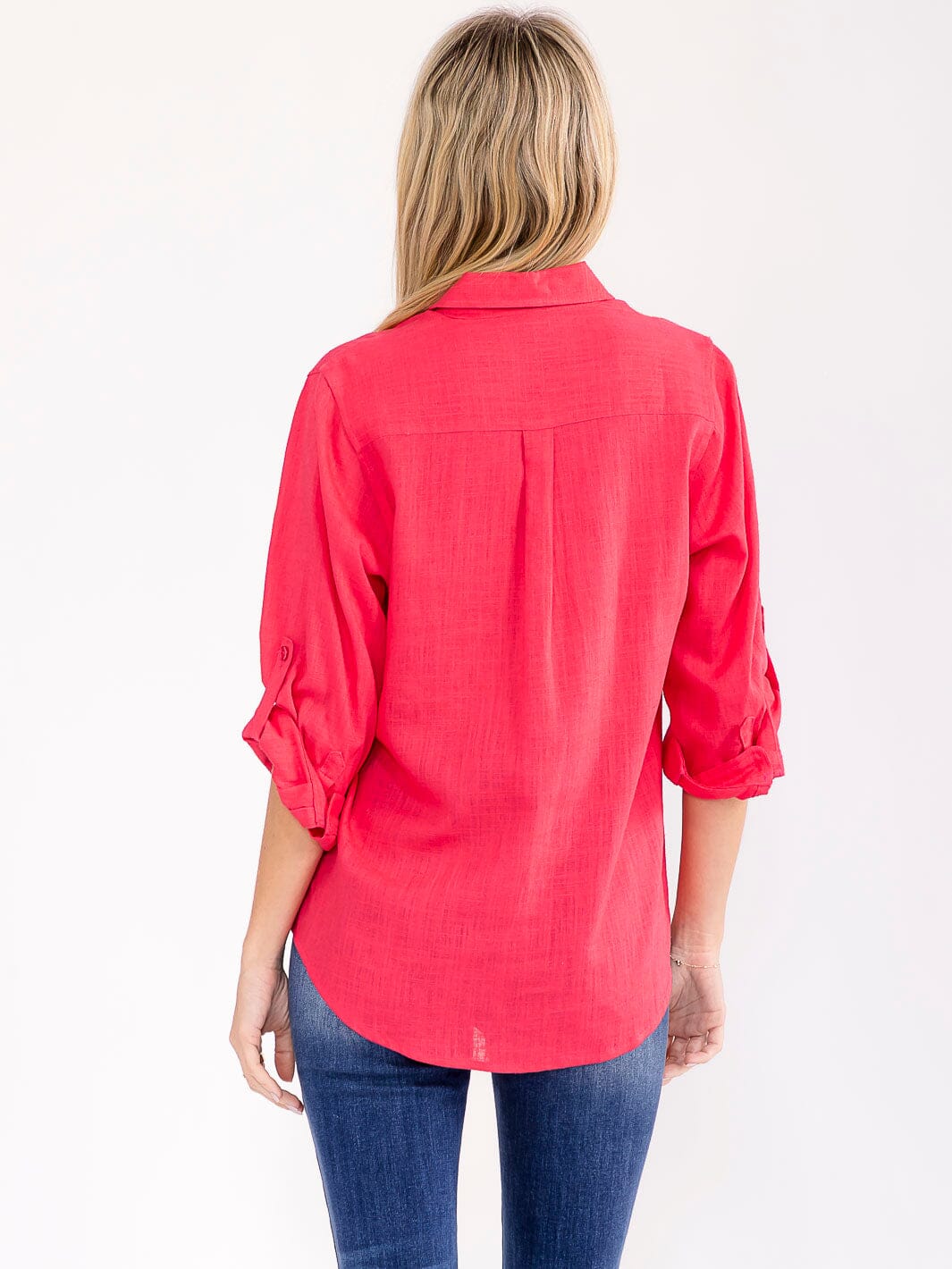 WOMEN'S 3/4 SLEEVE BUTTON UP LINEN SOLID BLOUSE