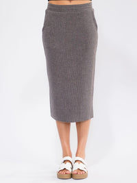 WOMEN'S ELASTIC WAIST FRONT POCKETS RIBBED MIDI SKIRT
