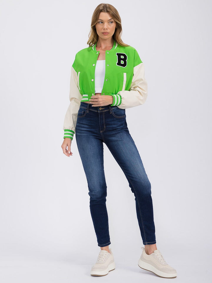 WOMEN'S LONG PU PLEATHER SLEEVE BUTTON CLOSURE POCKETS VARSITY JACKET