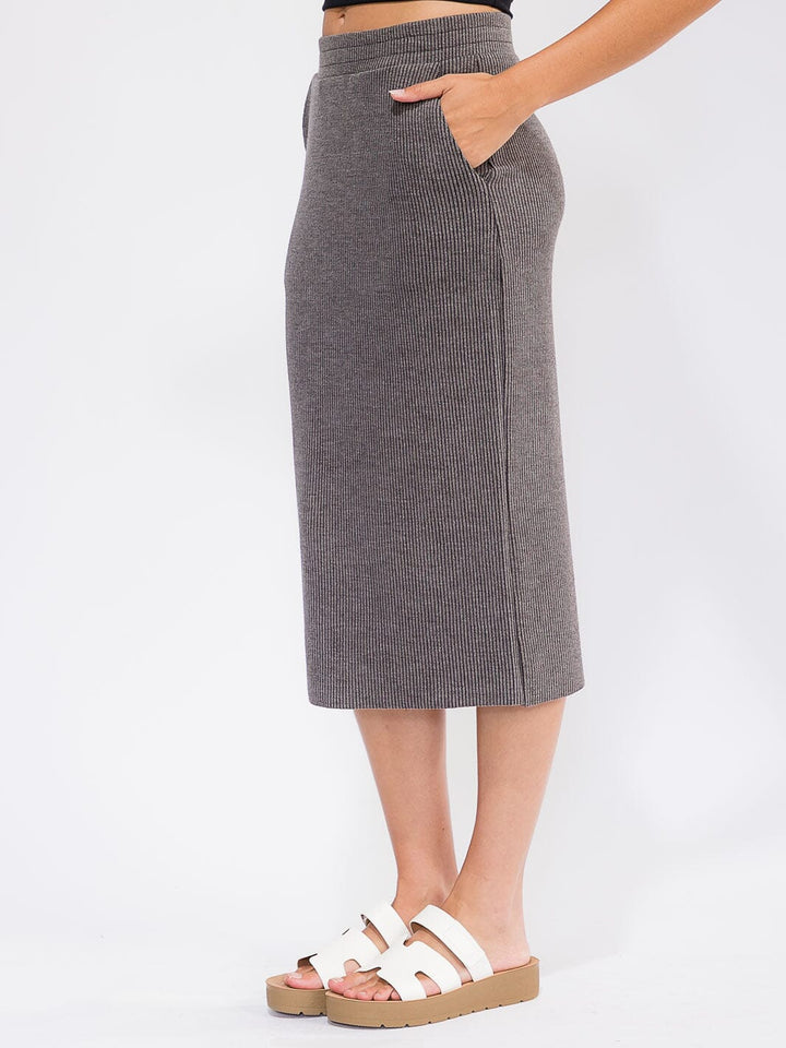 WOMEN'S ELASTIC WAIST FRONT POCKETS RIBBED MIDI SKIRT