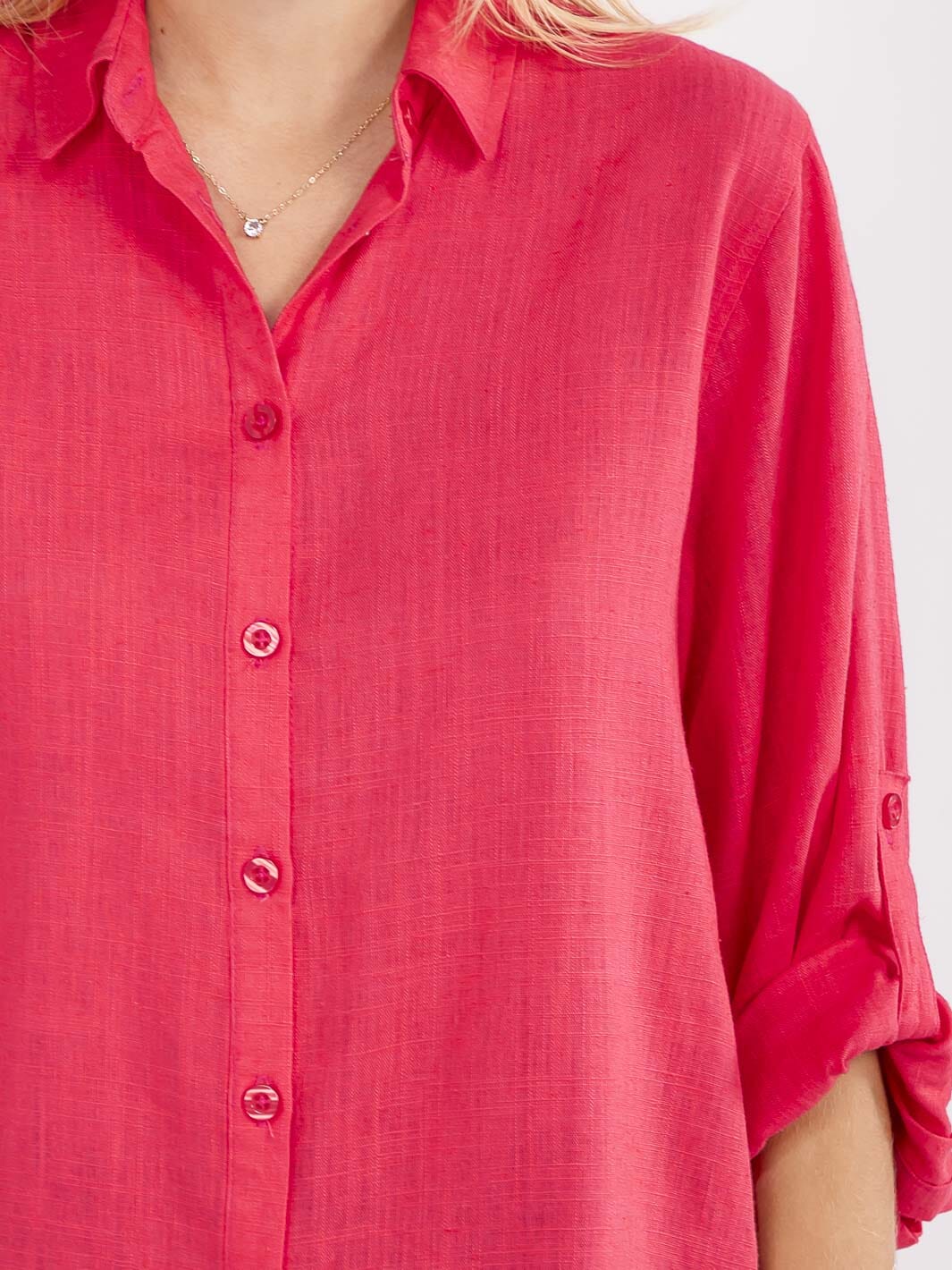 WOMEN'S 3/4 SLEEVE BUTTON UP LINEN SOLID BLOUSE