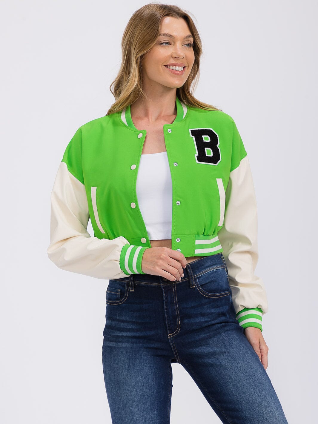WOMEN'S LONG PU PLEATHER SLEEVE BUTTON CLOSURE POCKETS VARSITY JACKET