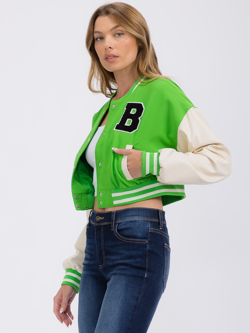 WOMEN'S LONG PU PLEATHER SLEEVE BUTTON CLOSURE POCKETS VARSITY JACKET