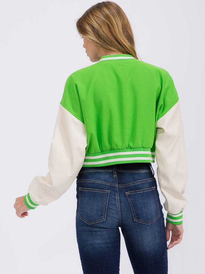 WOMEN'S LONG PU PLEATHER SLEEVE BUTTON CLOSURE POCKETS VARSITY JACKET