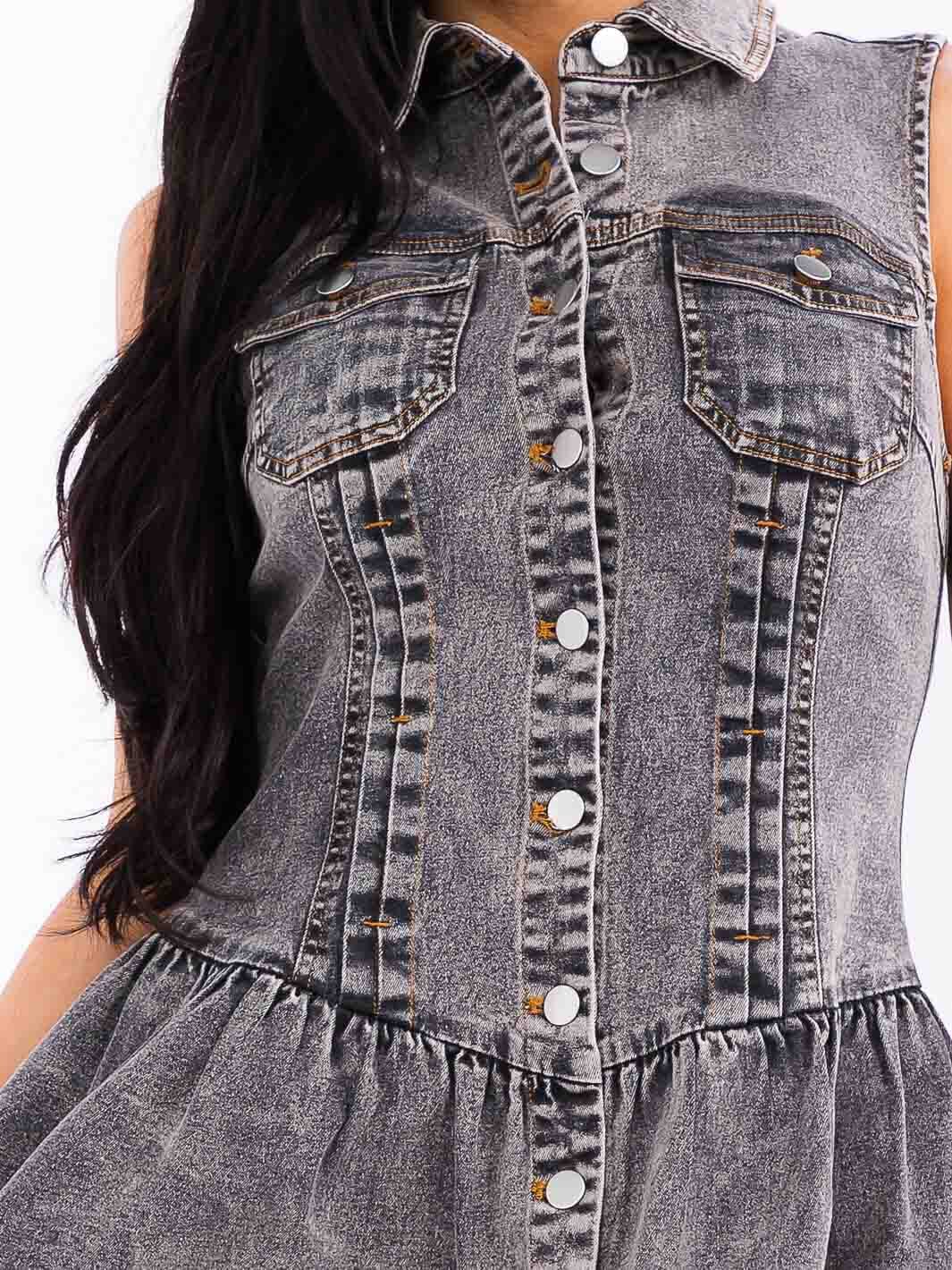 WOMEN'S SLEEVELESS BUTTON UP POCKETS STRETCH DENIM MINI DRESS
