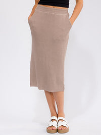 WOMEN'S ELASTIC WAIST FRONT POCKETS RIBBED MIDI SKIRT