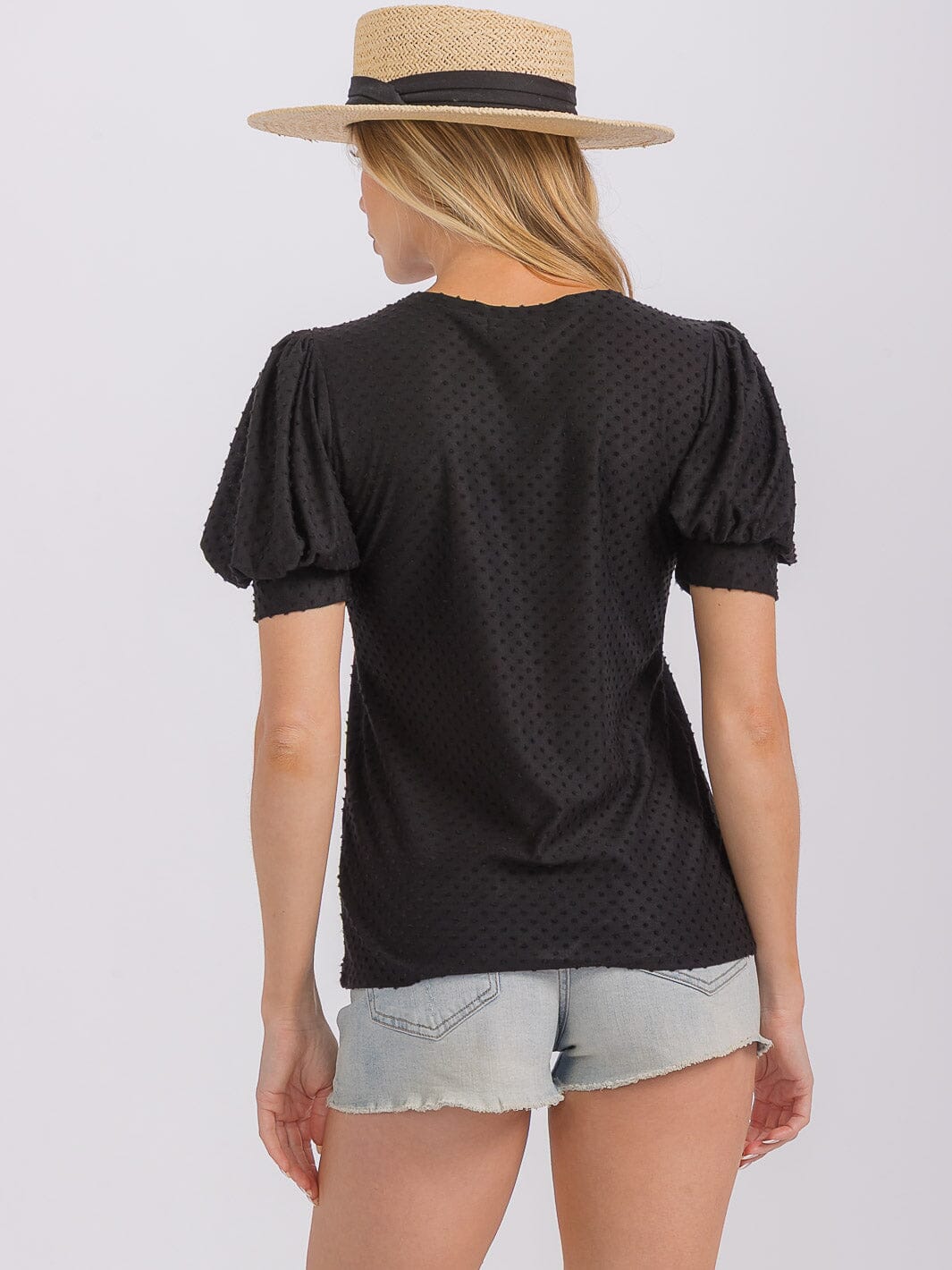 WOMEN'S SHORT PUFF SLEEVE SWISS DETAILED BLOUSE