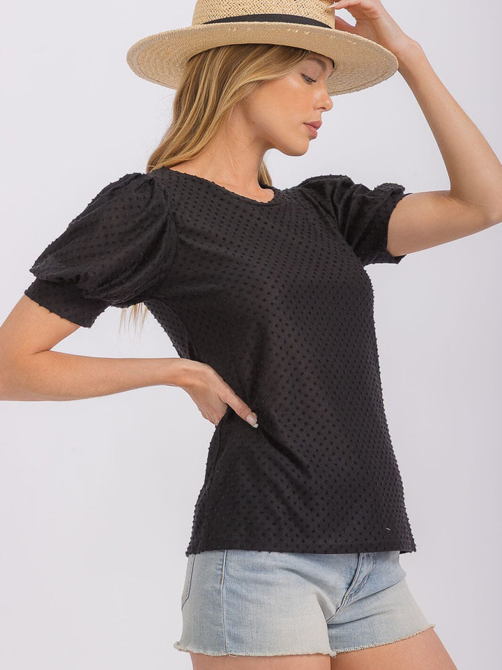 WOMEN'S SHORT PUFF SLEEVE SWISS DETAILED BLOUSE