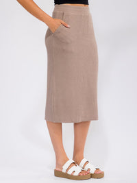 WOMEN'S ELASTIC WAIST FRONT POCKETS RIBBED MIDI SKIRT