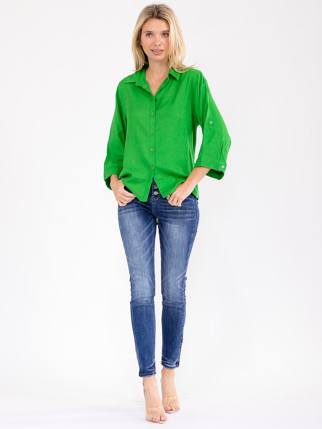 WOMEN'S 3/4 SLEEVE BUTTON UP LINEN SOLID BLOUSE