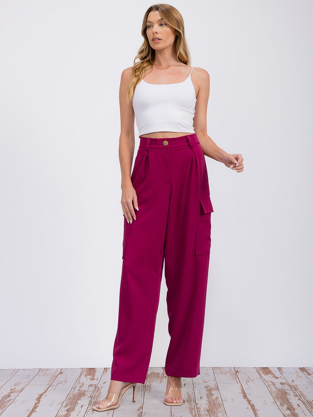 WOMEN'S BUTTON CLOSURE CARGO POCKETS WIDE LEG PANTS