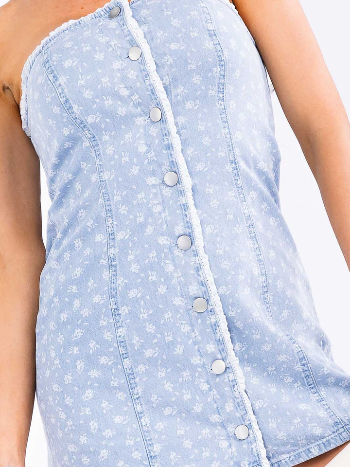 WOMEN'S SLEEVELESS BUTTON UP SMOCK PRINT DENIM TUBE MINI DRESS