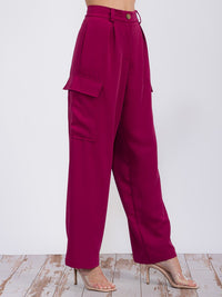 WOMEN'S BUTTON CLOSURE CARGO POCKETS WIDE LEG PANTS