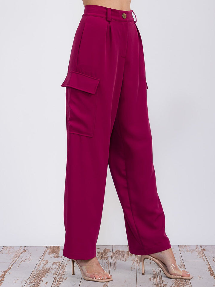 WOMEN'S BUTTON CLOSURE CARGO POCKETS WIDE LEG PANTS