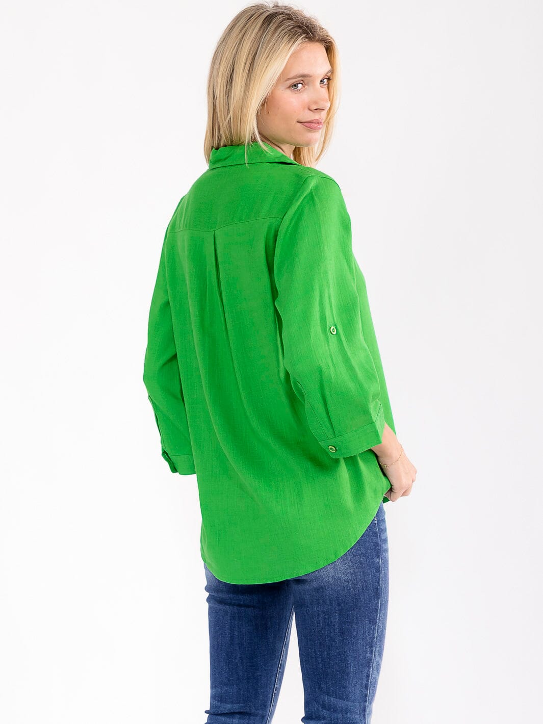 WOMEN'S 3/4 SLEEVE BUTTON UP LINEN SOLID BLOUSE