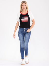 WOMEN'S SHORT SLEEVE GRAPHIC COLORBLOCK RIBBED TOP