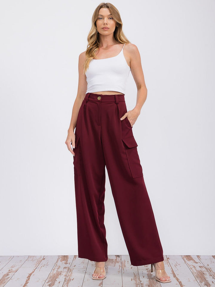 WOMEN'S BUTTON CLOSURE CARGO POCKETS WIDE LEG PANTS