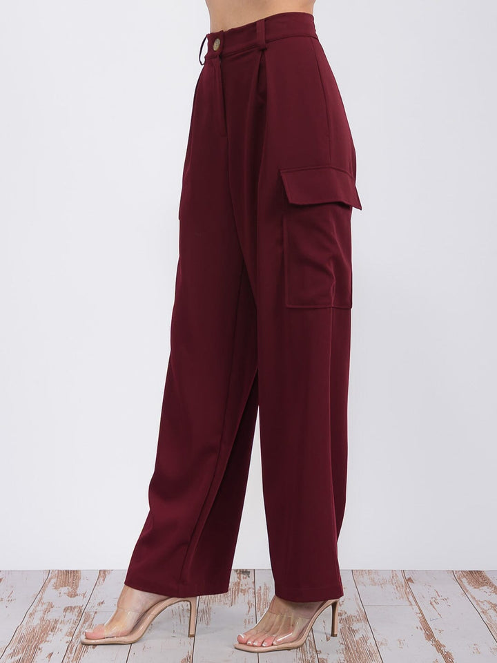 WOMEN'S BUTTON CLOSURE CARGO POCKETS WIDE LEG PANTS