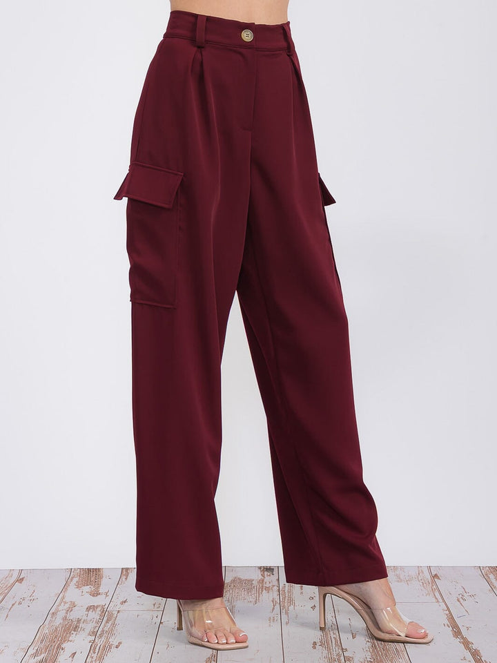 WOMEN'S BUTTON CLOSURE CARGO POCKETS WIDE LEG PANTS