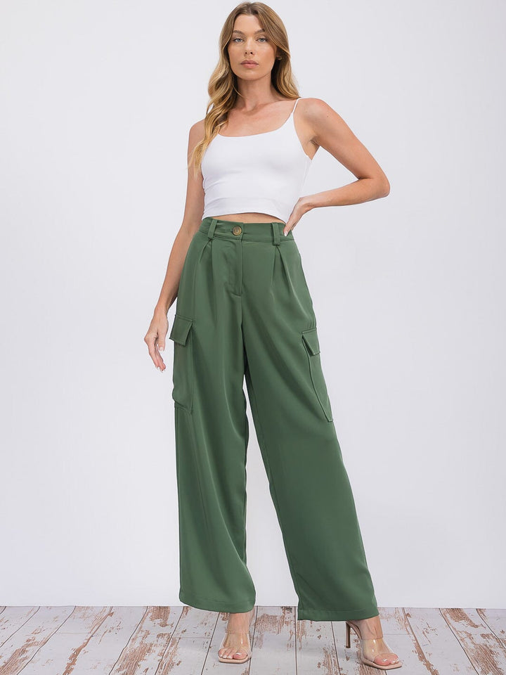 WOMEN'S BUTTON CLOSURE CARGO POCKETS WIDE LEG PANTS
