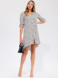 WOMEN'S LONG SLEEVE BUTTON UP FRONT POCKET HIGH-LOW ANIMAL PRINT MIDI DRESS