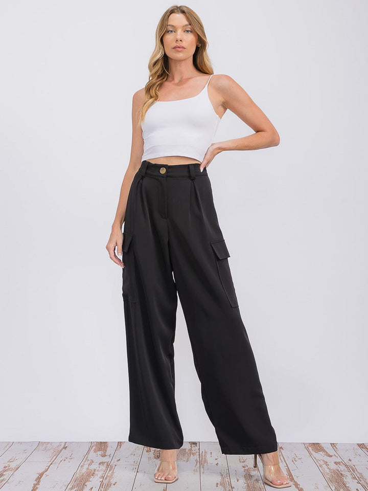 WOMEN'S BUTTON CLOSURE CARGO POCKETS WIDE LEG PANTS