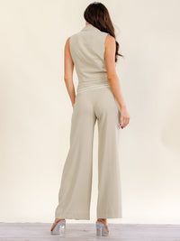 WOMEN'S SLEEVELESS SURPLICE TOP & BUTTON CLOSURE POCKETS WIDE LEG PANTS SOLID 2PC. SET