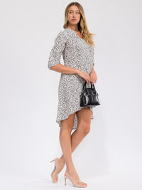 WOMEN'S LONG SLEEVE BUTTON UP FRONT POCKET HIGH-LOW ANIMAL PRINT MIDI DRESS