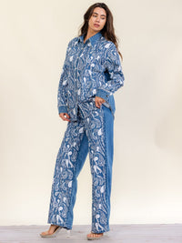WOMEN'S LONG SLEEVE BUTTON UP SHACKET & ELASTIC WAIST BUTTON CLOSURE WIDE LEG PANTS DENIM SEQUINS PAISLEY 2PC. SET