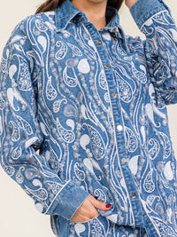 WOMEN'S LONG SLEEVE BUTTON UP SHACKET & ELASTIC WAIST BUTTON CLOSURE WIDE LEG PANTS DENIM SEQUINS PAISLEY 2PC. SET