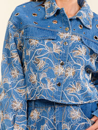 WOMEN'S LONG SLEEVE BUTTON UP SHACKET & ELASTIC WAIST BUTTON CLOSURE WIDE LEG PANTS DENIM SEQUINS PAISLEY 2PC. SET