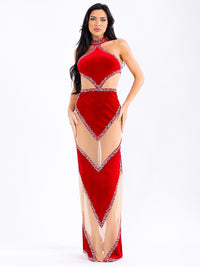 WOMEN'S SLEEVELESS HALTER NECK STUDS MESH BODYCON MAXI DRESS