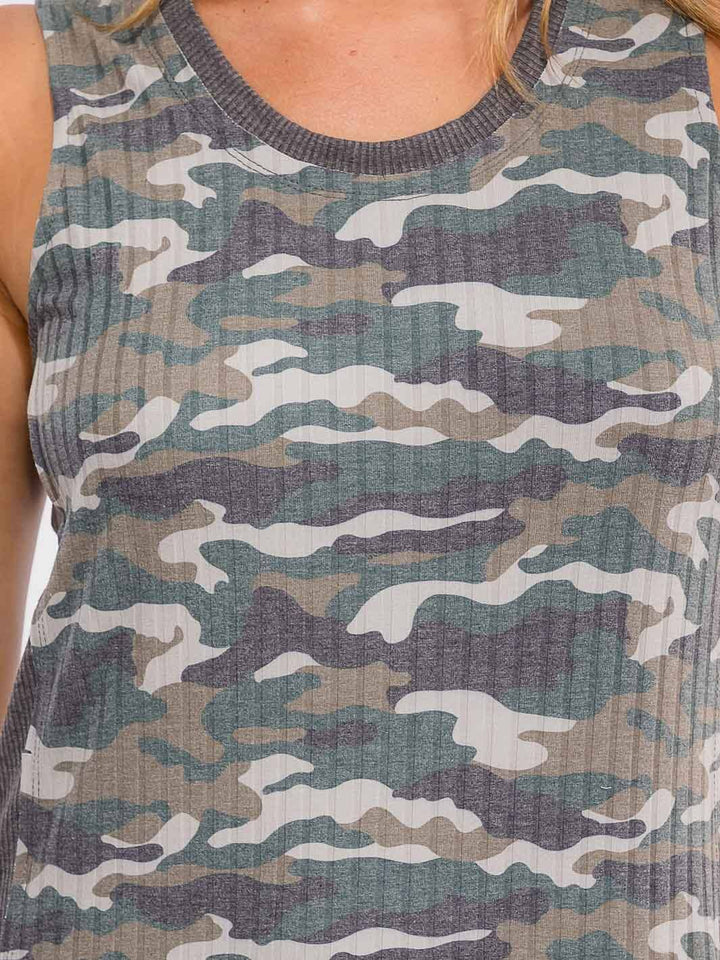 WOMEN'S SLEEVELESS SIDE SLIT CAMO PRINT MIDI DRESS