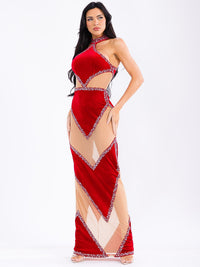 WOMEN'S SLEEVELESS HALTER NECK STUDS MESH BODYCON MAXI DRESS