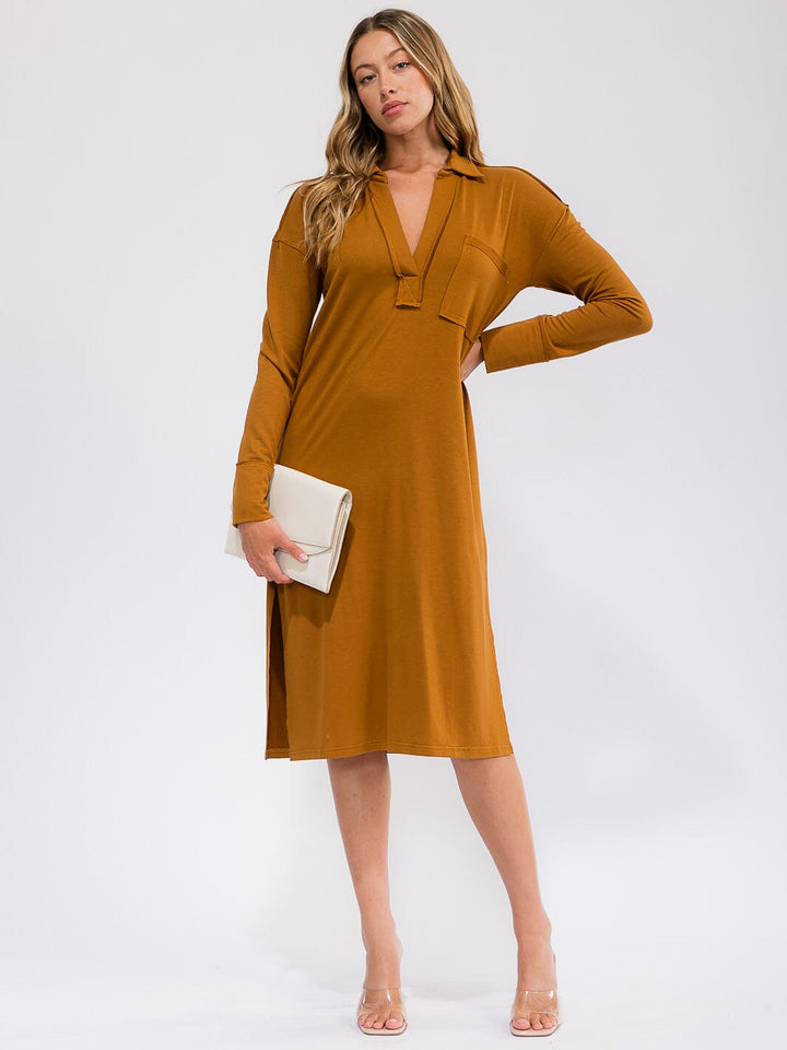 WOMEN'S LONG SLEEVE V-NECK FRONT POCKET MIDI DRESS