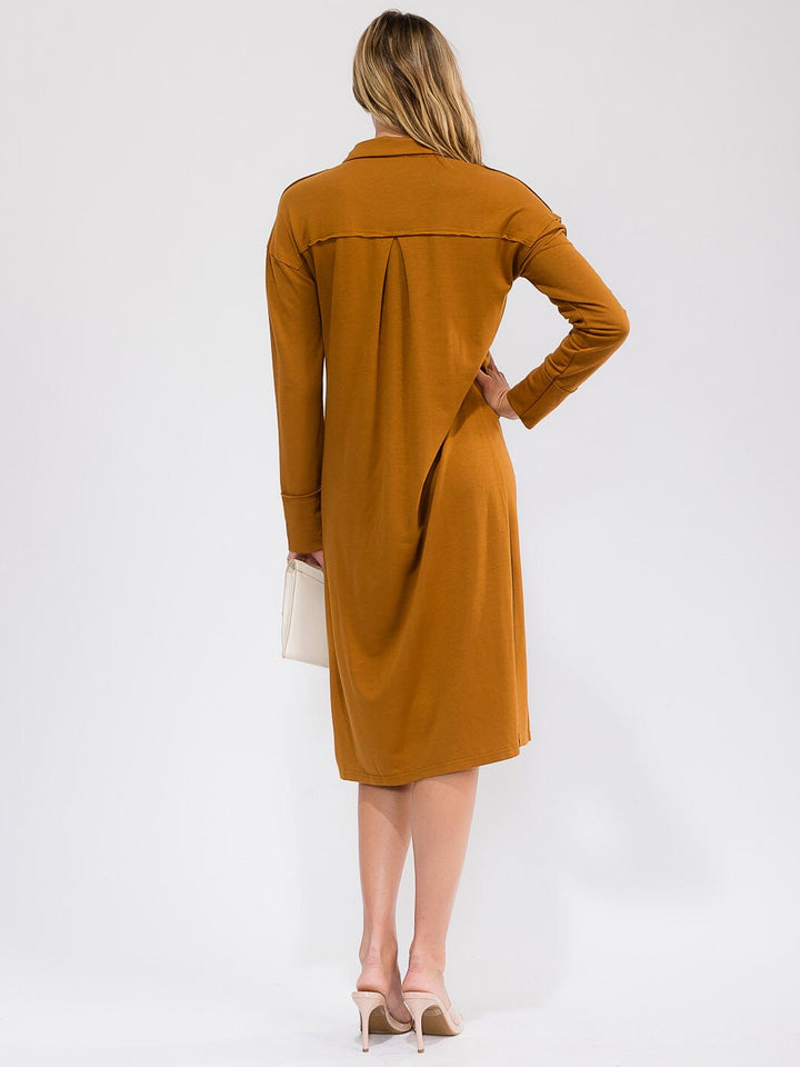 WOMEN'S LONG SLEEVE V-NECK FRONT POCKET MIDI DRESS