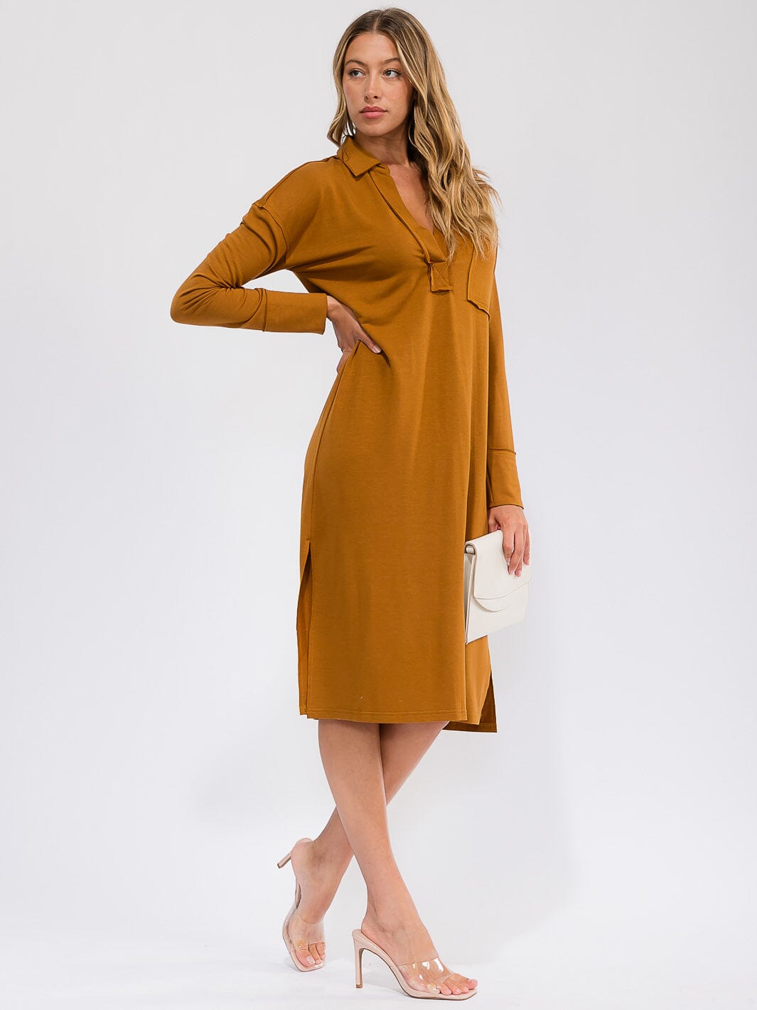 WOMEN'S LONG SLEEVE V-NECK FRONT POCKET MIDI DRESS