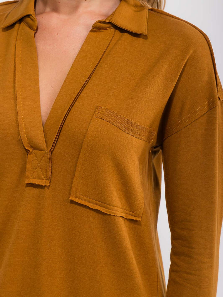 WOMEN'S LONG SLEEVE V-NECK FRONT POCKET MIDI DRESS