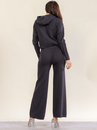 WOMEN'S LONG SLEEVE HOODED SWEATER & ELASTIC WAIST POCKETS WIDE LEG PANTS CABLE KNIT 2PC. SET