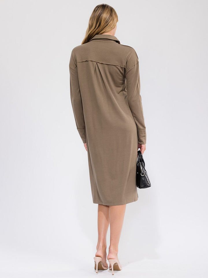 WOMEN'S LONG SLEEVE V-NECK FRONT POCKET MIDI DRESS