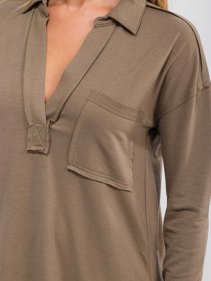 WOMEN'S LONG SLEEVE V-NECK FRONT POCKET MIDI DRESS