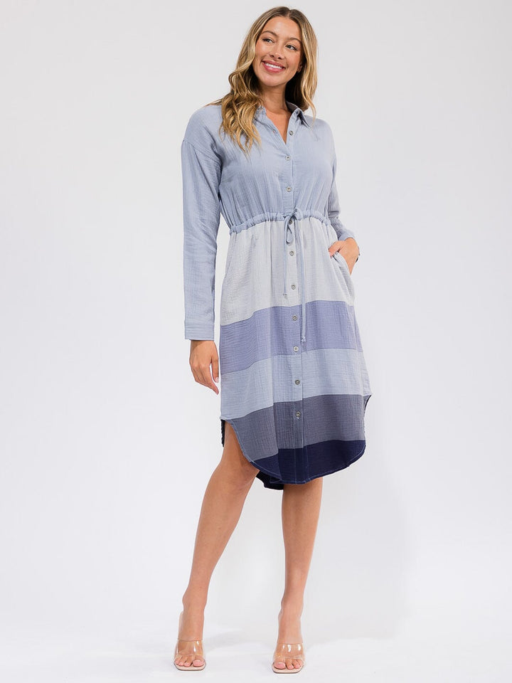 WOMEN'S LONG SLEEVE BUTTON UP FRONT POCKET COLORBLOCK MIDI DRESS