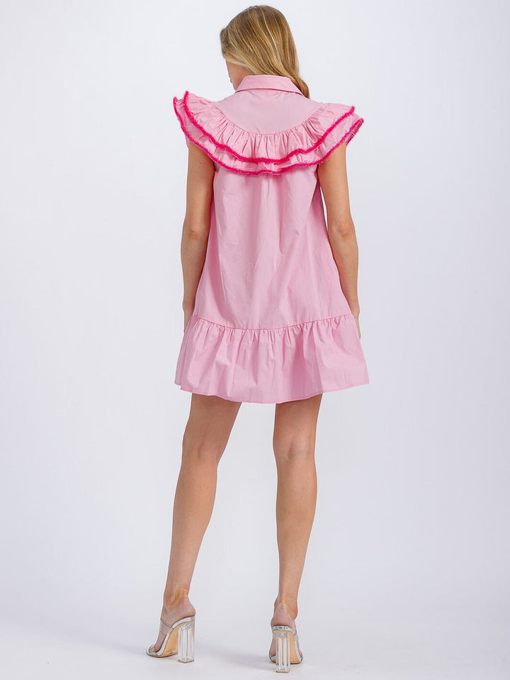 WOMEN'S RUFFLE SLEEVE BUTTON UP TRIM DETAILED FRONT POCKETS MINI DRESS