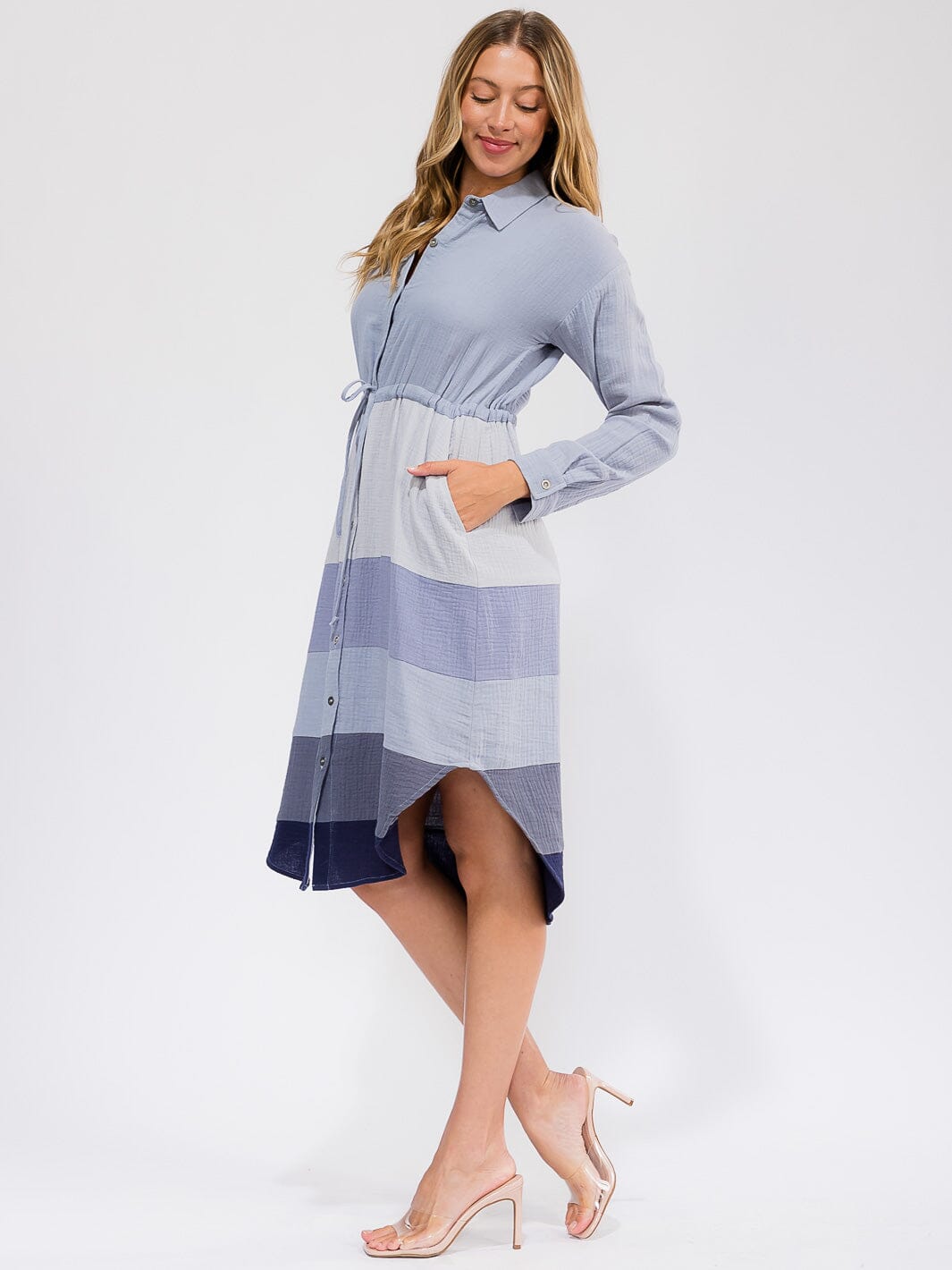 WOMEN'S LONG SLEEVE BUTTON UP FRONT POCKET COLORBLOCK MIDI DRESS