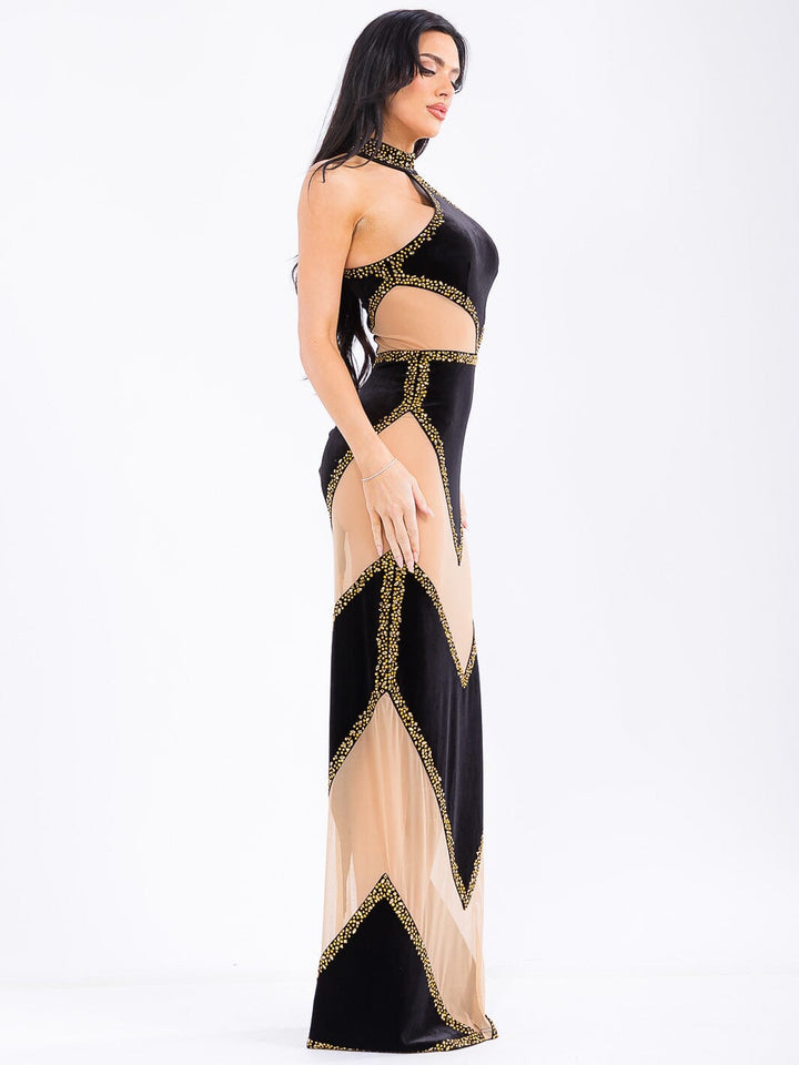 WOMEN'S SLEEVELESS HALTER NECK STUDS MESH BODYCON MAXI DRESS