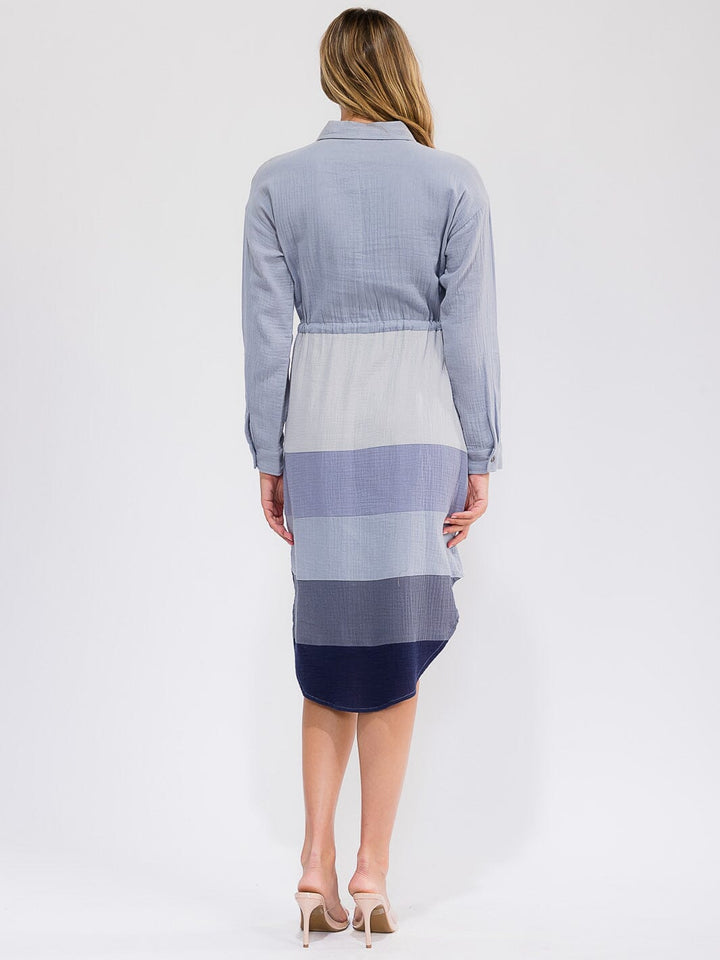 WOMEN'S LONG SLEEVE BUTTON UP FRONT POCKET COLORBLOCK MIDI DRESS